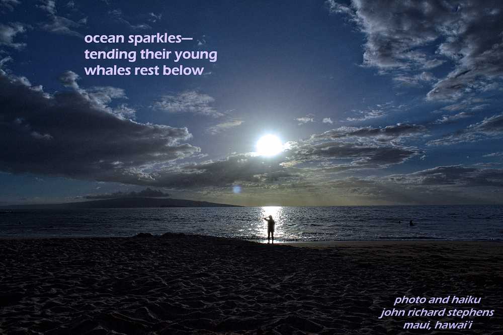 A photo haiku with a picture of sun shining through clouds with a reflection on the ocean shining down to a woman on a beach. A photo haiku with a picture of sun shining through clouds with a reflection on the ocean shining down to a woman on a beach.
